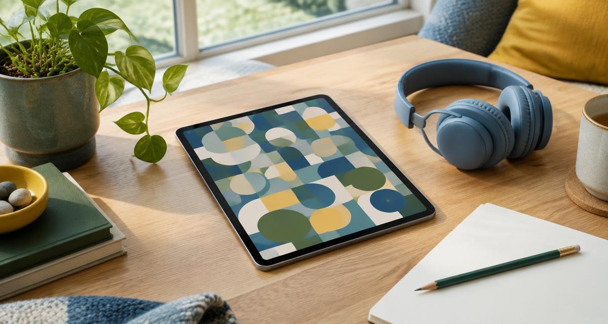 Headphones, tablet puzzle and notebook on a sunny desk