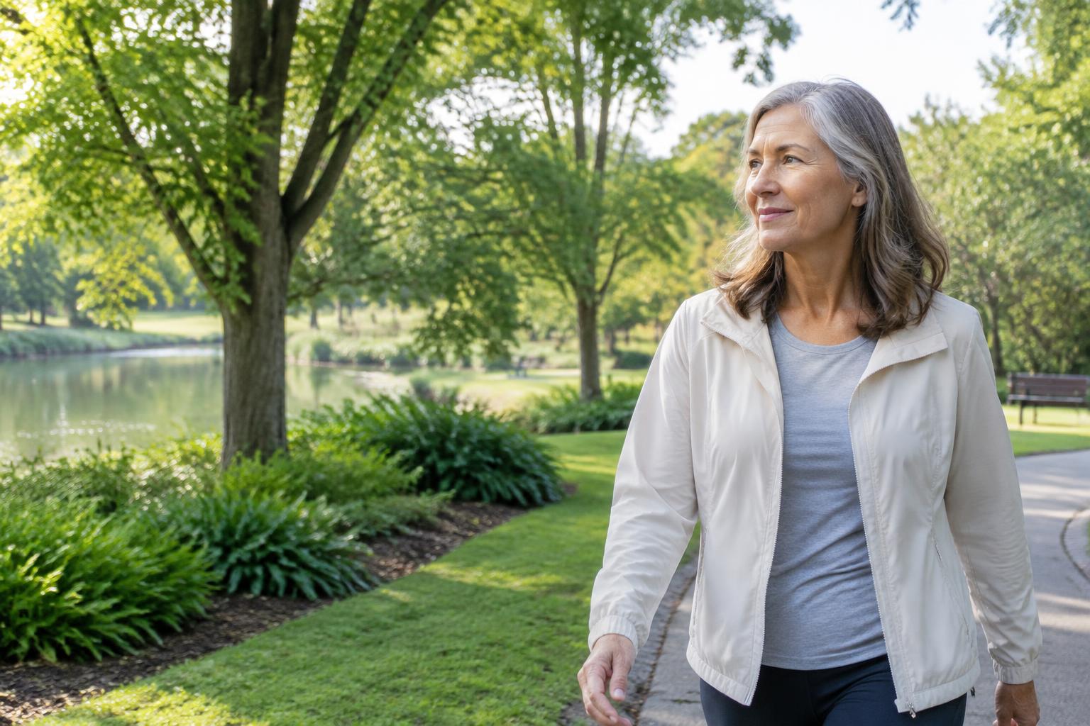 An older woman walking through a leafy park in morning daylight