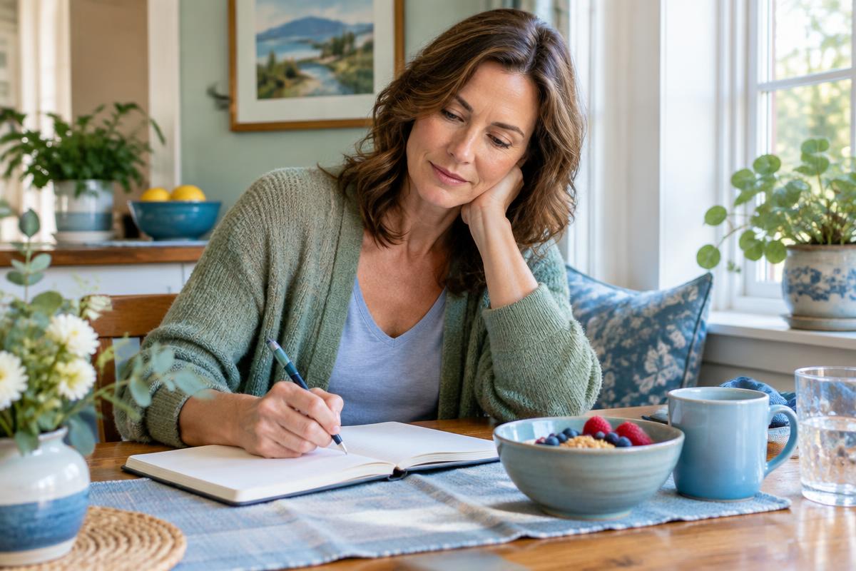 Woman keeping a simple morning diary at the breakfast table
