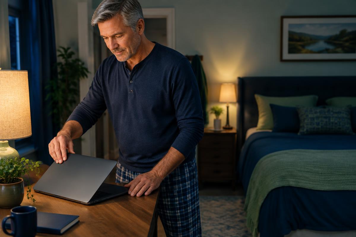Adult man closing a laptop during a wind-down routine