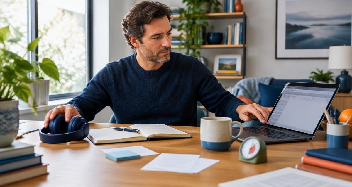 Adult preparing a notebook, headphones and timer for a focused work session at home