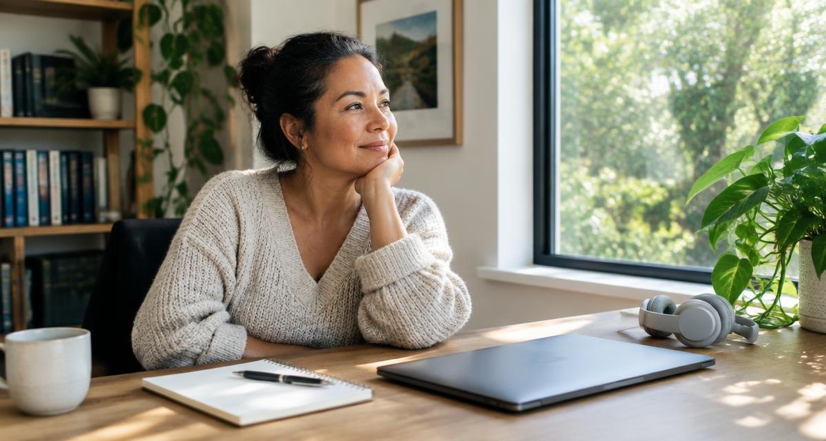 Woman pausing at a sunlit home-office desk with a closed laptop, notebook and headphones nearby