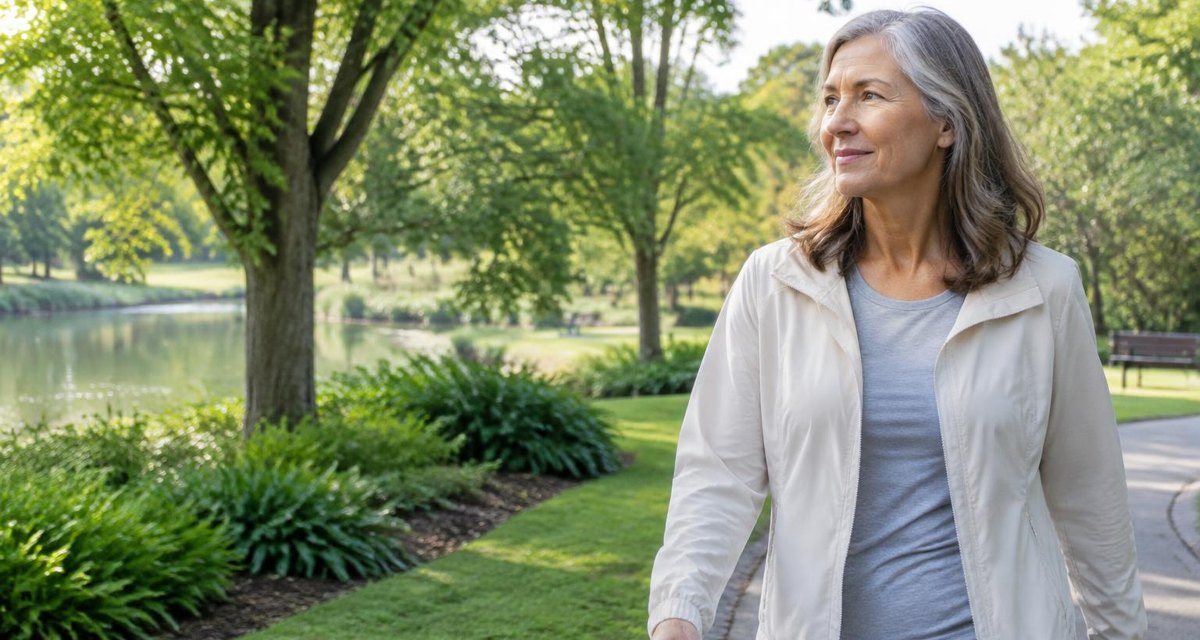 An older woman taking a relaxed morning walk along a leafy park path in natural daylight